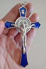 Catholic Large Blue Enamel St Benedict 4.5" Crucifix Cross Religious