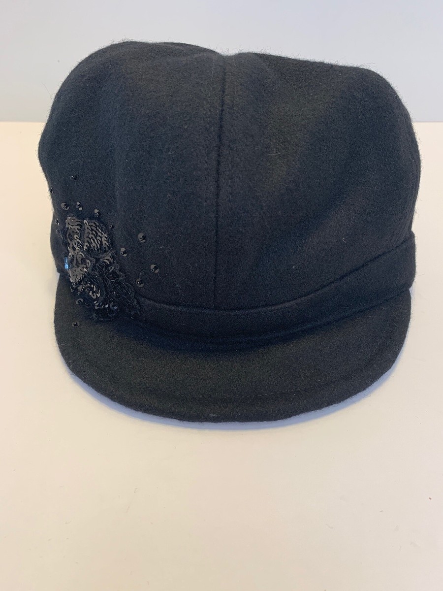 KATE LANDRY Black Wool Blend Cadet Hat Cap Cabbie Elastic  display picture 2