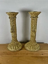Pair Vintage ELEGANT Candlestick Holders Gold Leaf Gilded 7.5" for Taper Candles