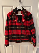 Thread & Supply Black Red Gold Plaid Moto Jacket sz M EUC