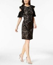 XSCAPE Dress Black Lace Cold Shoulder Ruffled Sheath Cocktail USA Sz 6 NEW NWT