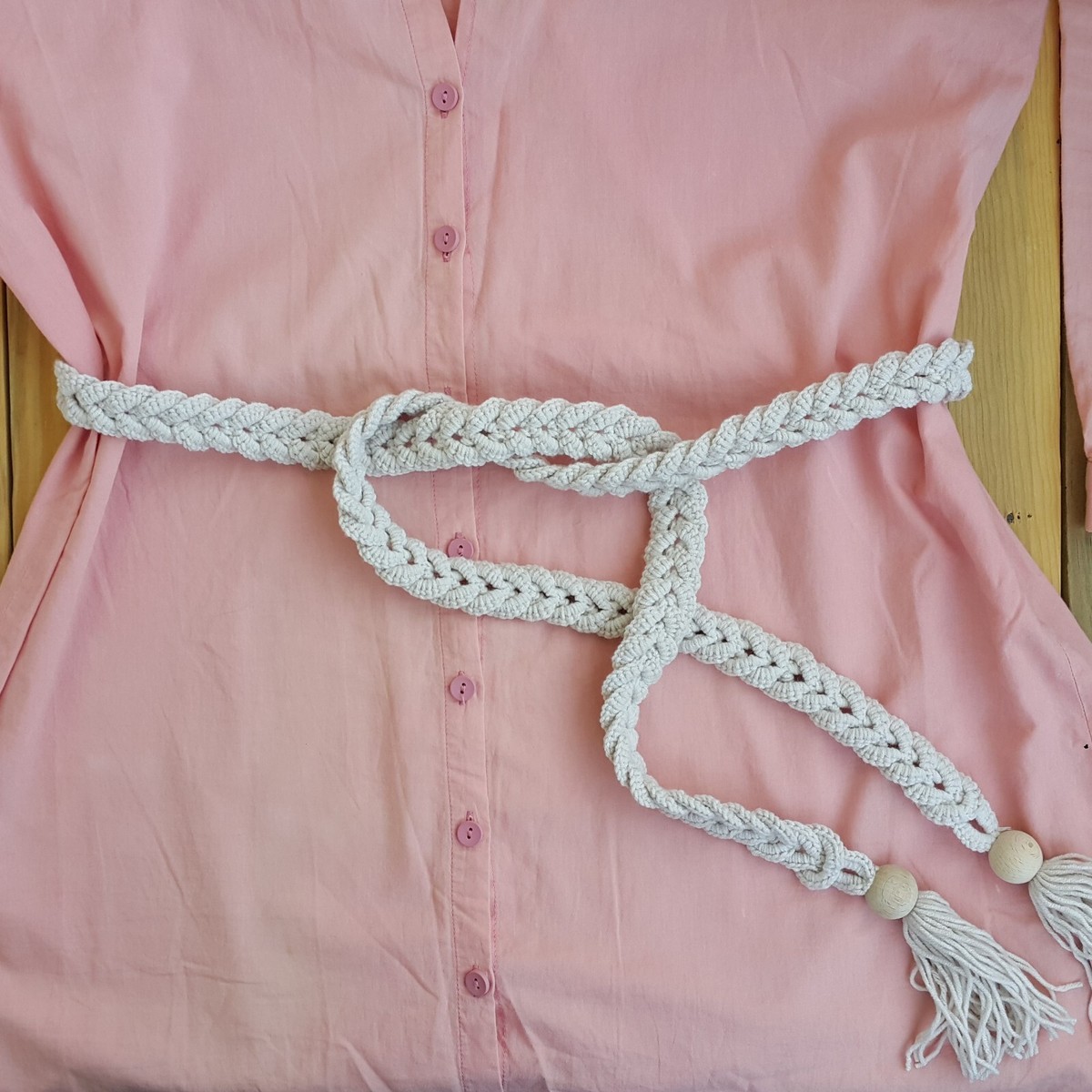 Ivory Crochet Rope Wrap Belt, Women Twisted Beaded Tassel Braided