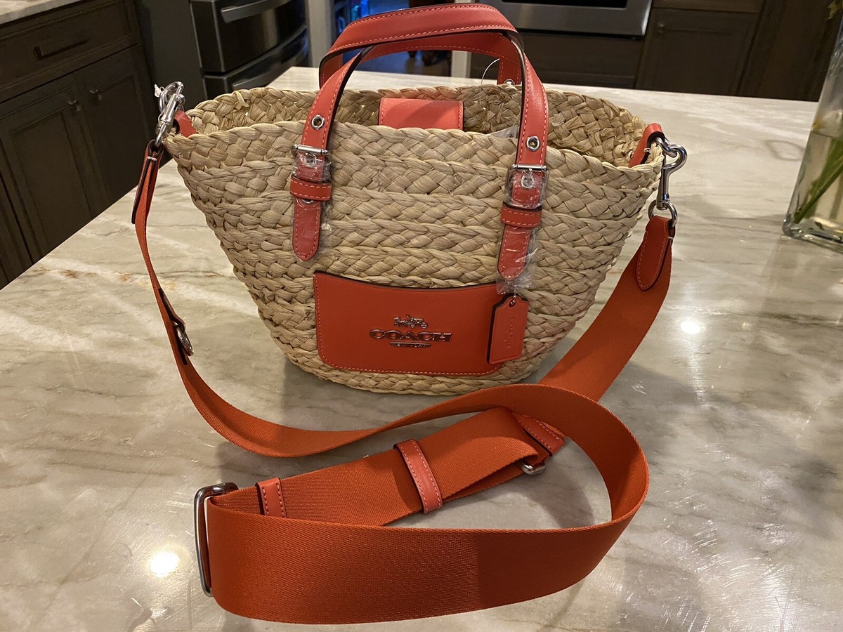 COACH*~ Small Straw Tote ~ (SV/Natural/Tangerine) ~ CJ519 ~ BNWT 
