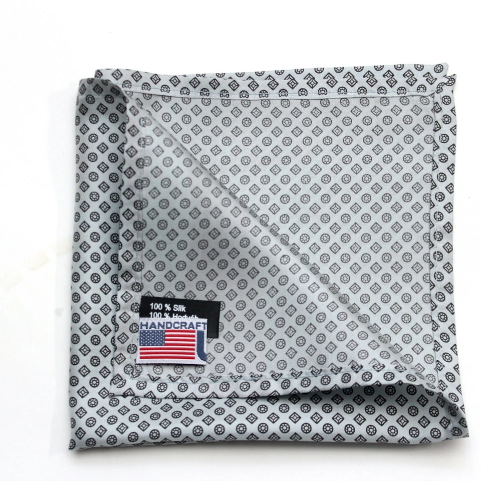 Pocket square Men's 100%Silk handkerchief 12" White Dusty Blue Grey Ornament - Image 2 of 4