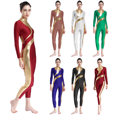 DE Damen Tanzgymnastik Performance Kostüm Langarm Metallic Glänzender Overall