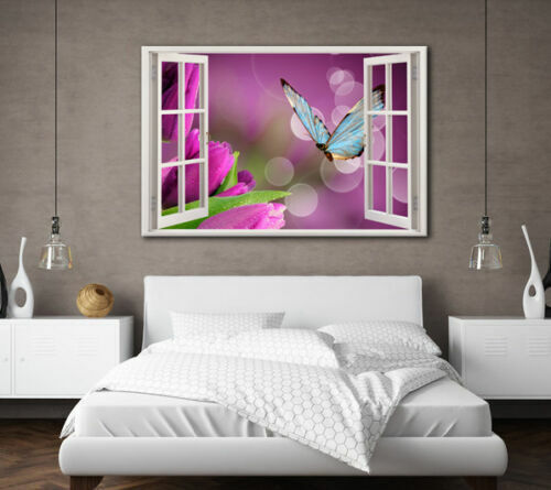 GRANDE QUADRO ARTE DA PARETE TELA FARFALLA BLU VIOLA TULIPANI FIORI NUOVA STAMPA - Foto 2 di 2