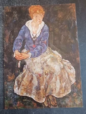 vtg postcard art Egon SCHIELE Portrait Edith Schiele sitting painting unposted