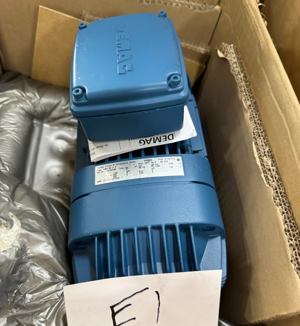 DEMAG CRANE MOTOR E1 .96 HP E1 MODEL KBA80A6 1100 RPM 230/460 V 6.1/3 AMP 3 PH
