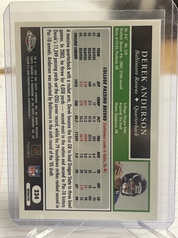 2005 Topps Chrome Refractor #234 Derek Anderson RC Rookie Ravens Browns - Image 2 of 2