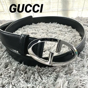 Gucci 132214 85/34 GG Ceinture Cuir Noir Boucle Argentée Occasion Sans Boîte 3 Trous