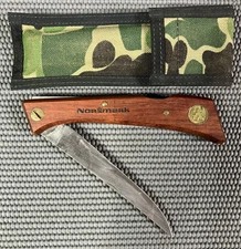 Vintage Normark Folding Fillet Knife Wood Handle w/ Orig  Camo Sheath Sweden