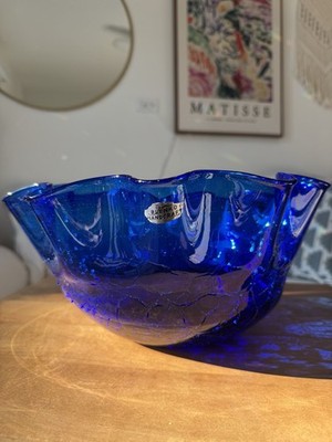 Blenko Vintage Crackle Glass Bowl Crimped Edge MCM Mid Century Handmade Blue 12 