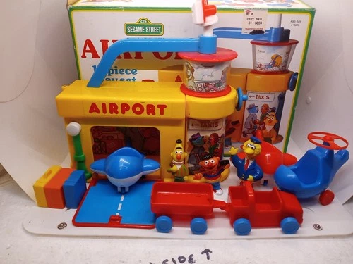 VINTAGE SESAME STREET AIRPORT PLAYSET With Box Car Airplane Helicopter