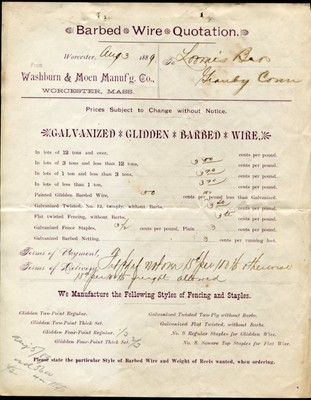 WORCESTER, MA ~ Washburn & Moen Co., Barbed Wire ~ Illus. Billhead 1889