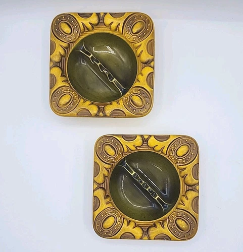 2 Vintage Haegar Pottery Ashtrays Tiki Style MCM Yellow & Green #2043