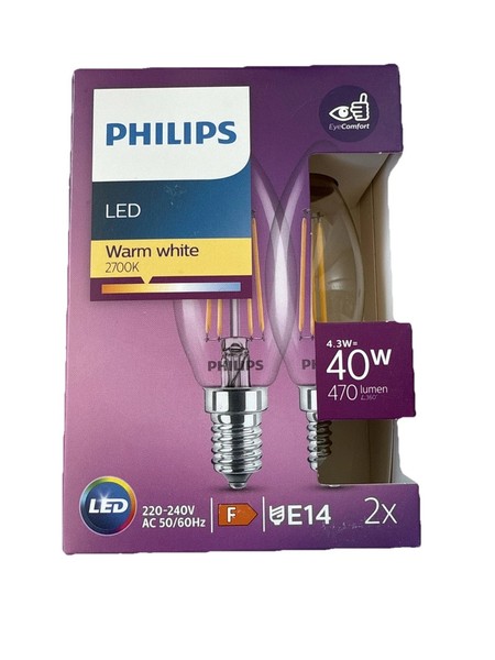2X Philips Led Filament Leuchtmittel Kerze 4,3W=40W E14 Klar 470Lm Warmweiß Ø35M-image