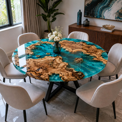 Handcrafted Epoxy Resin Dining Table Round Teal River Wood Tabletop Luxury