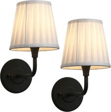 PERMO Set of 2 Matte Black Wall Sconces with White Pleated Fabric Shade