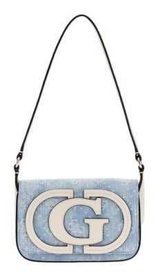 GUESS Ruby Flap Shoulder Bag Schultertasche Tasche Denim Logo hellblau creme Neu