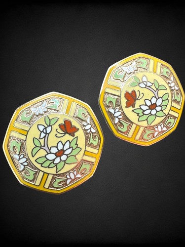 Vintage Signed Yellow Cloisonné Earrings Enamel Floral Butterfly Samuel Huang
