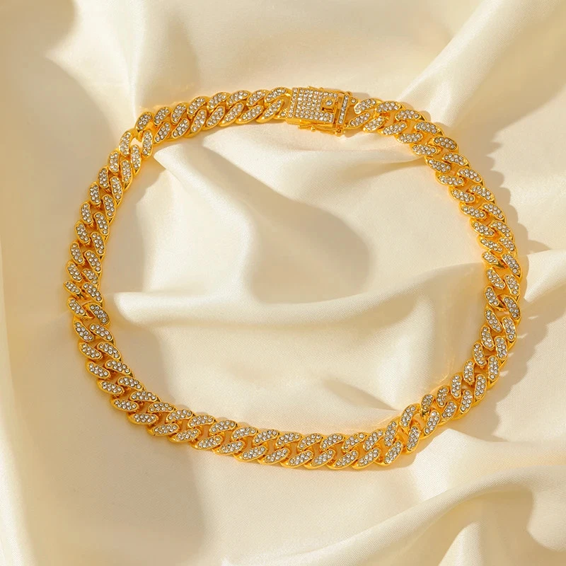 Кубинский браслет-цепочка мужской золотистый со стразами водонепроницаемый ювелирные изделия с толстыми звеньями - Изображение 2 из 4