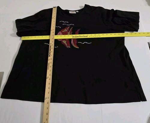 Quaker Factory Blouse Top 3/4 Sleeves Colorful Fish Sequence 3X Pullover Black - Picture 22 of 24
