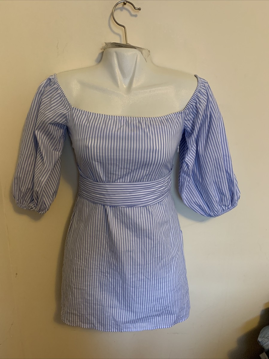 blue and white striped dress off the shoulder Off the Shoulder Striped + Embroidered Dress -