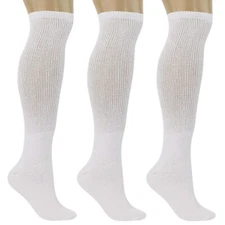 White Diabetic Knee High Socks 3 Pairs Non-Binding Extra Wide Calf Size 9-15
