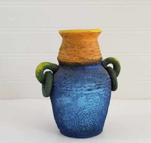 Rustic Accent Vase Urn Rings 2 Handles Pottery Painted Blue Green Yellow 6" - Picture 3 of 17