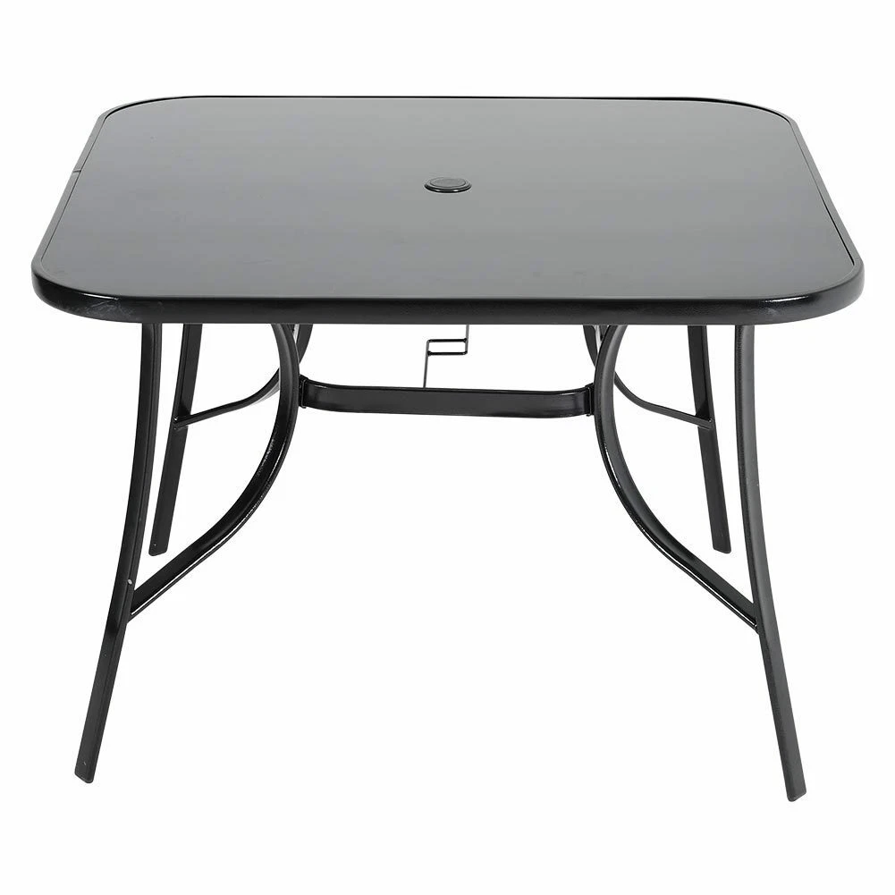 105cm Black Square Garden Table Metal Frame Patio Dining Table with Parasol Hole