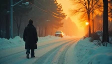 Urban Winter Night Digital Art - Solitary Figure, Neon Glow AI Wall Decor