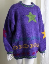 AVOCA Sz L XL Spectacular PUPRLE GREEN STAR Hand-Knit Heavy Wool Sweater Tunic