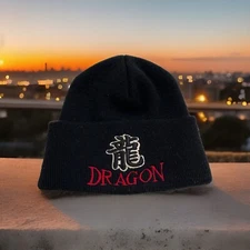 NOS Vintage 90s Streetwear Hip Hop Rap Chinese Dragon Spell Out Knit Beanie Hat