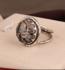 925 Sterling Silver Vintage Art deco Women Ring With Big Black Rutile Gemstone