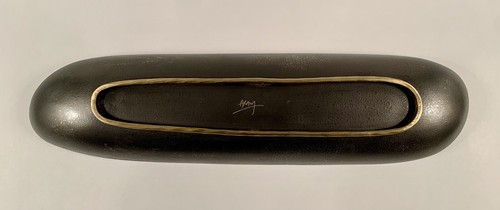 Long 15" Michael Aram Textured Footed Bowl Hand Signed Gunmetal Exterior - Picture 2 of 10