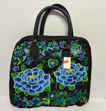 Embroidered Floral Black Canvas Tote/Shoulder Zipper Bag 13"x13"x7" - Brand New