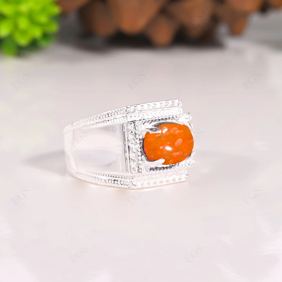 Anillo de ópalo Orenge para hombre anillo de plata de ley 925 anillo de piedras preciosas todos los tamaños de anillo Foto 3 de 4