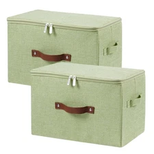 2 Pack Storage Bins with Zipper Lid Cotton Linen Fabric Lidded Storage Basket...
