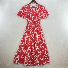 Meadow Rhodes Dress Womens Small Red White Tiered Midi Smocked Waist Cotton