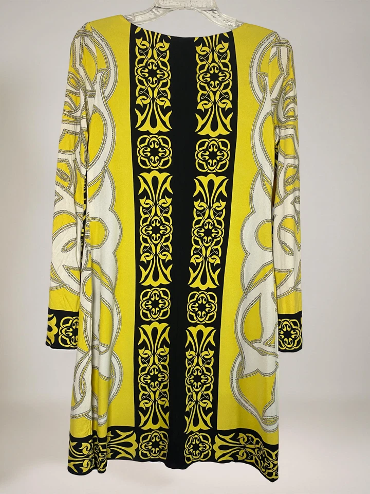 Nicole Miller 系列连衣裙 S 真丝黄色巴洛克印花长袖 Mod 复古 — 第 2/4 张图片