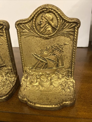 Bradley & Hubbard Nautical Bookends Cast Metal Vintage Sailors & The Sea Heavy - Picture 5 of 14