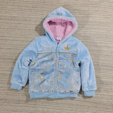 Disney Princess Jacket Blue Sz 6 Pink Gold Fleece Hoodie Zip Front Plush Hooded