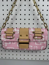 Vtg Y2K Guess Pink Logo Print Chain Shoulder Bag Faux Leather Baguette Purse