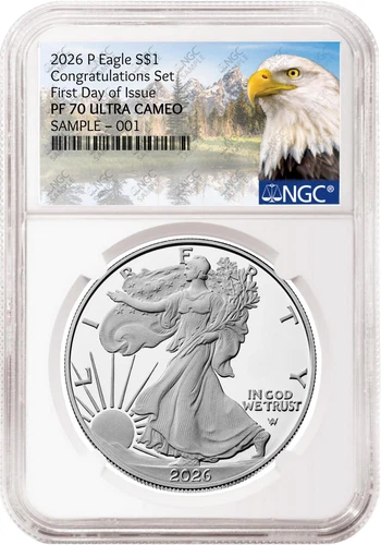 2026 P Congratulations Set Proof Silver Eagle NGC PF 70, FDOI Mtn
