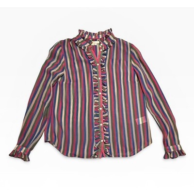 Boden Womens Multi Color Striped Ruffle Collar Button Down Blouse US 8 UK 12