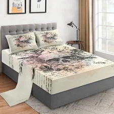 Full Size 4 Pcs Bed Fitted Sheet Set with 14" Deep Pocket, Gothic Flat Sheet ...