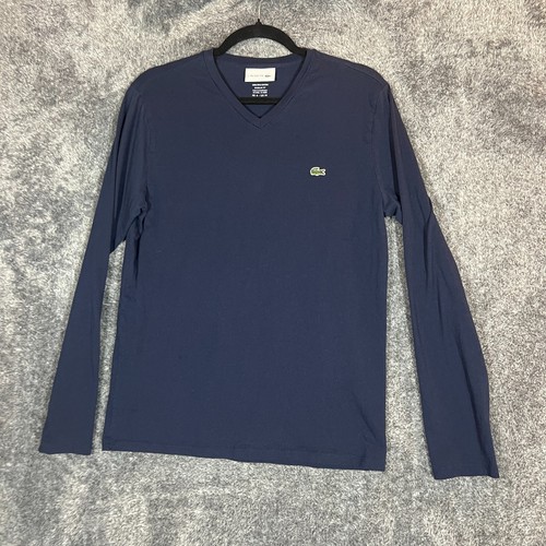 Lacoste Long Sleeve Shirt Mens M Navy Blue Pima Cotton Preppy Minimal V Neck