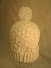 White with Metallic Accents Handmade New Adult Crochet Knit Beanie Hat w Pom Pom