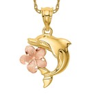 14K Solid Two Tone Gold Hawaiian Plumeria Flower Dolphin Necklace