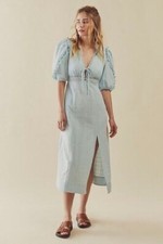 Free People Slow Pace Midi Dress Romantic Ruffles Femme Puff Sleeve Blue L NWT